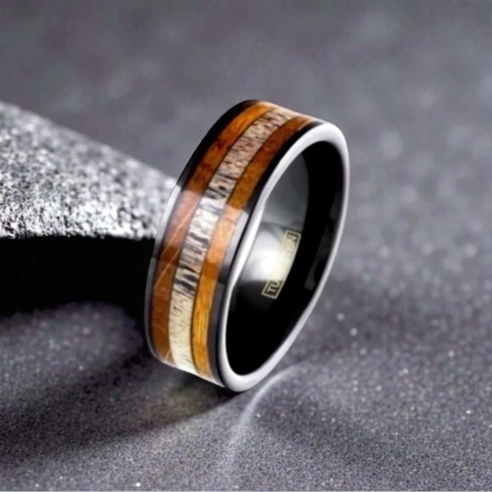 Genuine Tungsten l, Whiskey Barrel Oak & Deer Antler Ring